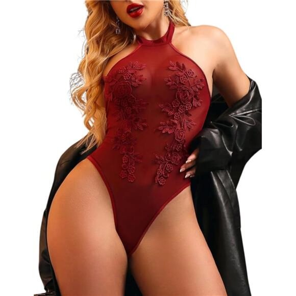 Women Teddy Lingerie Sexy Mesh Bodysuit Burgundy - Picture 2 of 5